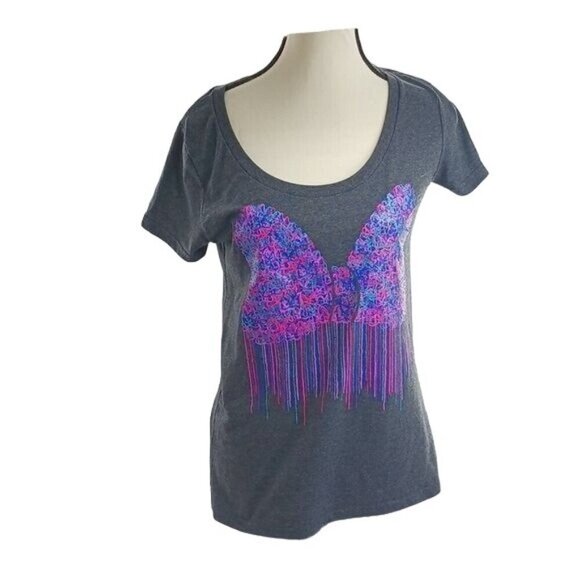 Disney Womens Size M Gray Graphic T Shirt Pink Purple Bow Dripping Print Tee - Picture 1 of 6